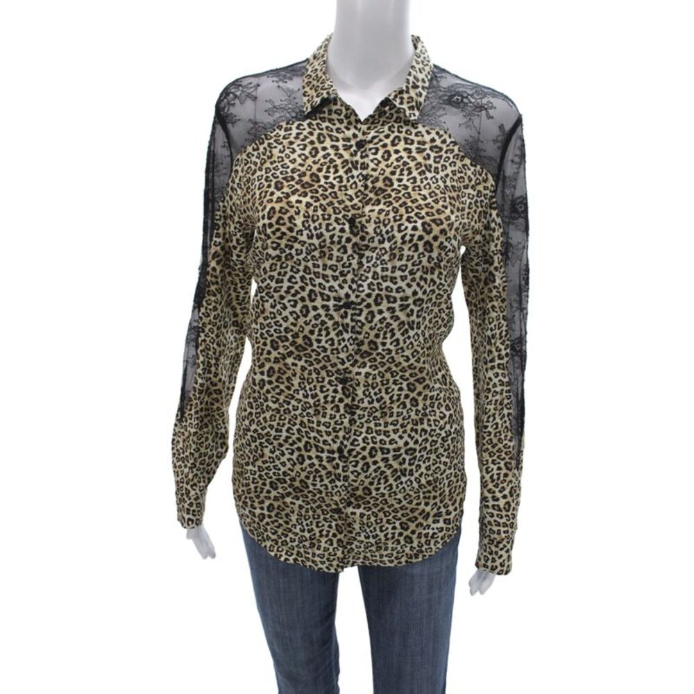 The Kooples Women Silk Leopard Button-Up Long Sleeve Top Multi Size S